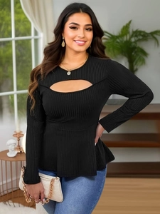 Elegant black long sleeve peplum top for women with cut-out detail and ribbed texture