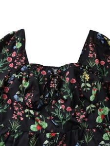 Floral square neck dress with strawberry print and smocked bodice detail