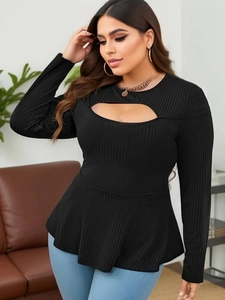 Elegant plus size black long sleeve peplum top with cutout neckline and ribbed texture
