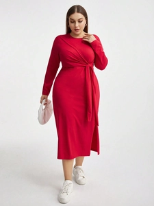 Robe Midi Moulante Rouge Élégante Grande Taille Femme Taille Haute Nouée Manches Longues En Maille Avec Fente Latérale Pour Bureau Fête