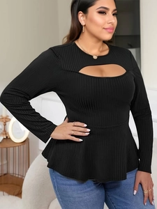 Elegant black ribbed knit long sleeve top with oval chest cutout and slim fit design