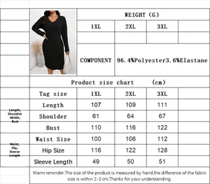 Size chart for V-neck plus size dress with detailed measurements and fabric composition