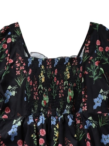 Detail of square neckline and elastic smocking on floral print puff sleeve dress