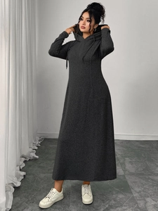 Deep grey long-sleeved hooded dress with adjustable drawstrings and soft textured fabric