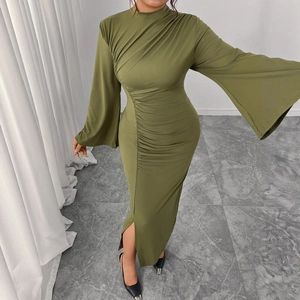 Women Elegant Ruched Bodycon Maxi Dress Bell Sleeve High Neck Solid Olive Green Sexy High Slit Slim Fit Banquet Party Long Dress