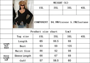 Detailed size chart for plus size V-neck long sleeve top with viscose fabric specs