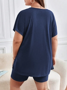 Ensemble décontracté grande taille bleu marine pour femme avec manches courtes et fentes