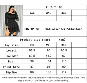 Detaillierte Größentabelle für das schulterfreie Kleid in Übergröße mit Stoffangaben