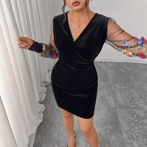 Women Plus Size Black Velvet V Neck Bodycon Mini Dress Mesh Long Sleeve Floral Embroidery Elegant Party Sexy Wrap Dress