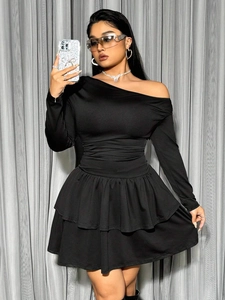 Damen Sexy Ein-Schulter Langarm Gerafftes Mini Kleid Elegant Einfarbig Schwarz Rüschensaum Hohe Taille Plus Size Schmale Passform Club Party Kleid