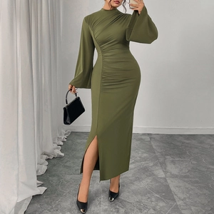 Elegant olive green bodycon dress with trumpet sleeves and side slit detail