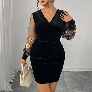 Elegant black velvet V-neck dress with embroidered mesh sleeves and slim fit body