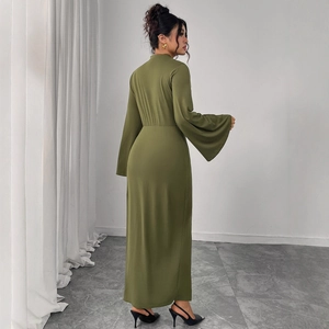 Elegant olive green long dress with flared sleeves, high neck and waist pleated detail