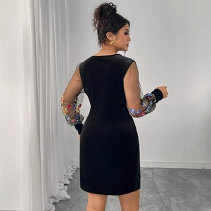 Slim fit black velvet mini dress with floral embroidered mesh long sleeves for women