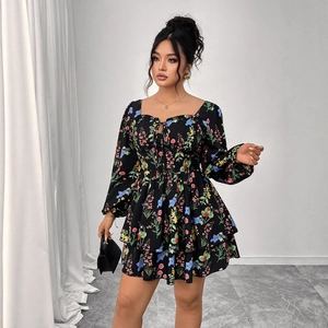 Floral print square neck tiered mini dress with long puff sleeves and cinched waist