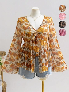 Detail of V-neck floral blouse with bell sleeves and available color swatches