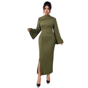 Elegant dark green fitted maxi dress with high neck, flare sleeves and side slit design
