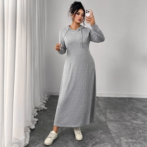 Minimalist grey hooded maxi dress with drawstring and ribbed cuffs in slim fit