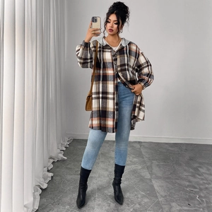 Women's plaid hooded shacket in brown and black with drawstring and denim outfit