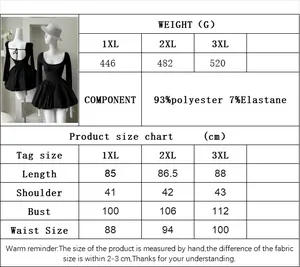 Größentabelle für schwarzes Plus-Size Kleid mit Materialangaben und Abmessungen