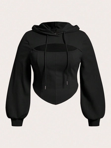Sweat à Capuche Grande Taille Femme Découpe Tricot Gaufre Noir Manches Longues Court Streetwear Sexy Printemps Automne