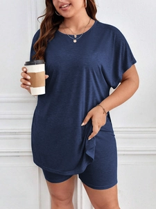 Tenue de Détente Femme Grande Taille Décontractée Mélange de Viscose T-Shirt Épaule Tombante Et Short Cycliste Couleur Unie Doux