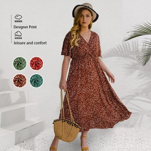 Robe Maxi Fleurie Grande Taille pour Femmes Col en V Manches Courtes Volantes Taille Haute Bohème Vacances Ligne A Été Plage Robe Longue