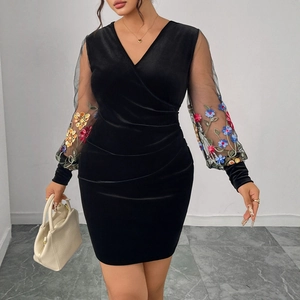 Elegant V-neck black velvet mini dress with floral embroidered mesh long sleeves
