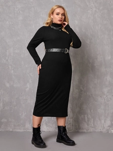 Elegant black long sleeve turtleneck knit dress with waist belt and ribbed texture design