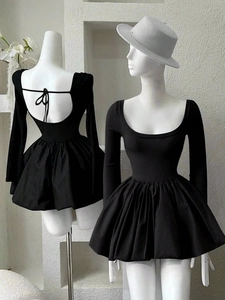 Damen Übergröße Sexy U-Ausschnitt Langarm Schwarz Minikleid Rückenfrei Schnürung Patchwork A-Linie Ausgestellter Rock Partykleid