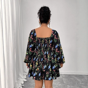 Floral print square neck backless puff sleeve tiered dress with tie-back detail