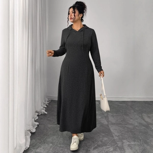 Slim fit dark grey hooded maxi dress with long sleeves and adjustable drawstring waist