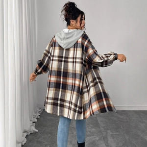 Plaid hooded shirt jacket for women with long sleeves and casual loose fit design