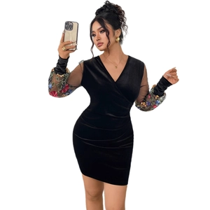 Elegant V-neck black velvet mini dress with floral embroidered mesh long sleeves