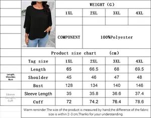 Size chart for women's plus size black T-shirt showing 1XL to 4XL measurements in cm