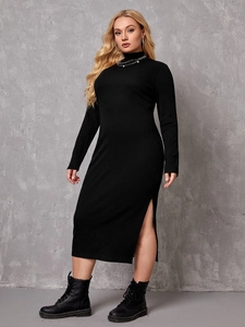 Elegant black high-neck long-sleeve knit dress with side slit and ribbed texture