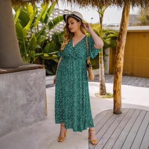 Robe longue d'été pour femme avec col en V, imprimé feuilles vertes et taille haute