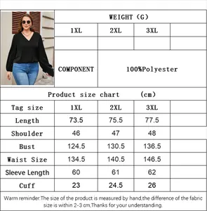 Size chart for black plus size V-neck long sleeve shirt with detailed measurements
