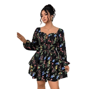 Floral square neck puff sleeve tiered mini dress with open back and colorful print patterns