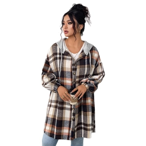 Women's plaid hooded jacket in brown and beige colors with a loose retro casual fit
