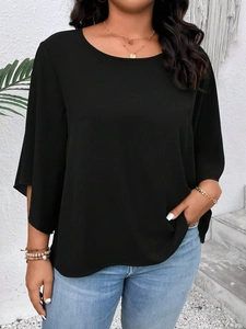 Women's plus size black loose fit t-shirt with elegant flare sleeves and round neck