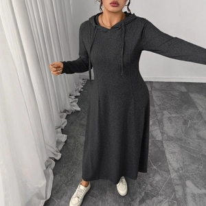 Slim fit dark grey hooded long sleeve dress with knit texture and drawstring detail