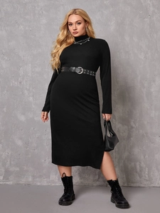 Elegant plus size black turtleneck knit midi dress with belt for women street style