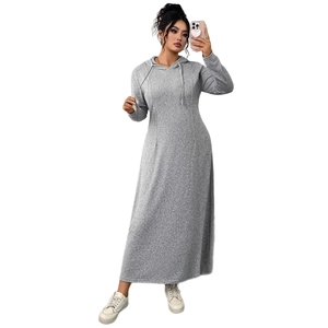 Slim fit grey hooded long sleeve maxi dress with drawstring and textured knit fabric