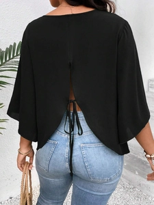 Women Plus Size Casual Loose T-Shirt Bell Sleeve Backless Tie-Up Solid Color Black Round Neck Polyester Short Blouse Top