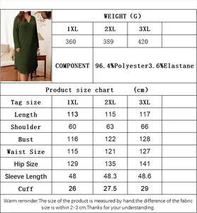 Size guide with weight and dimensions for casual plus size long sleeve midi dress