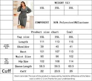 Size chart for women's plus size V-neck dress with fabric content and measurements