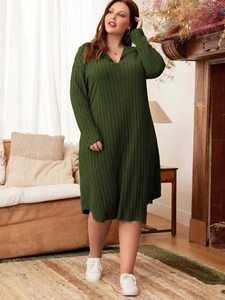 Women Plus Size Ribbed Knit Midi Dress V Neck Casual Long Sleeve Loose Fit Soft Elastic Polyester Spandex Tea Length Dress