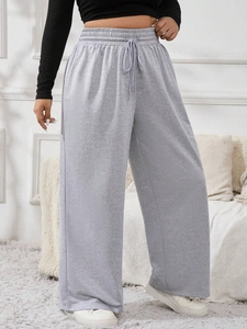 Women's plus size grey wide leg sweatpants with adjustable drawstring elastic waist