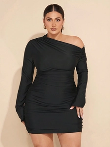 Women Plus Size Sexy One Shoulder Ruched Bodycon Mini Dress Long Sleeve Solid Color High Waist Elegant Party Club Dress